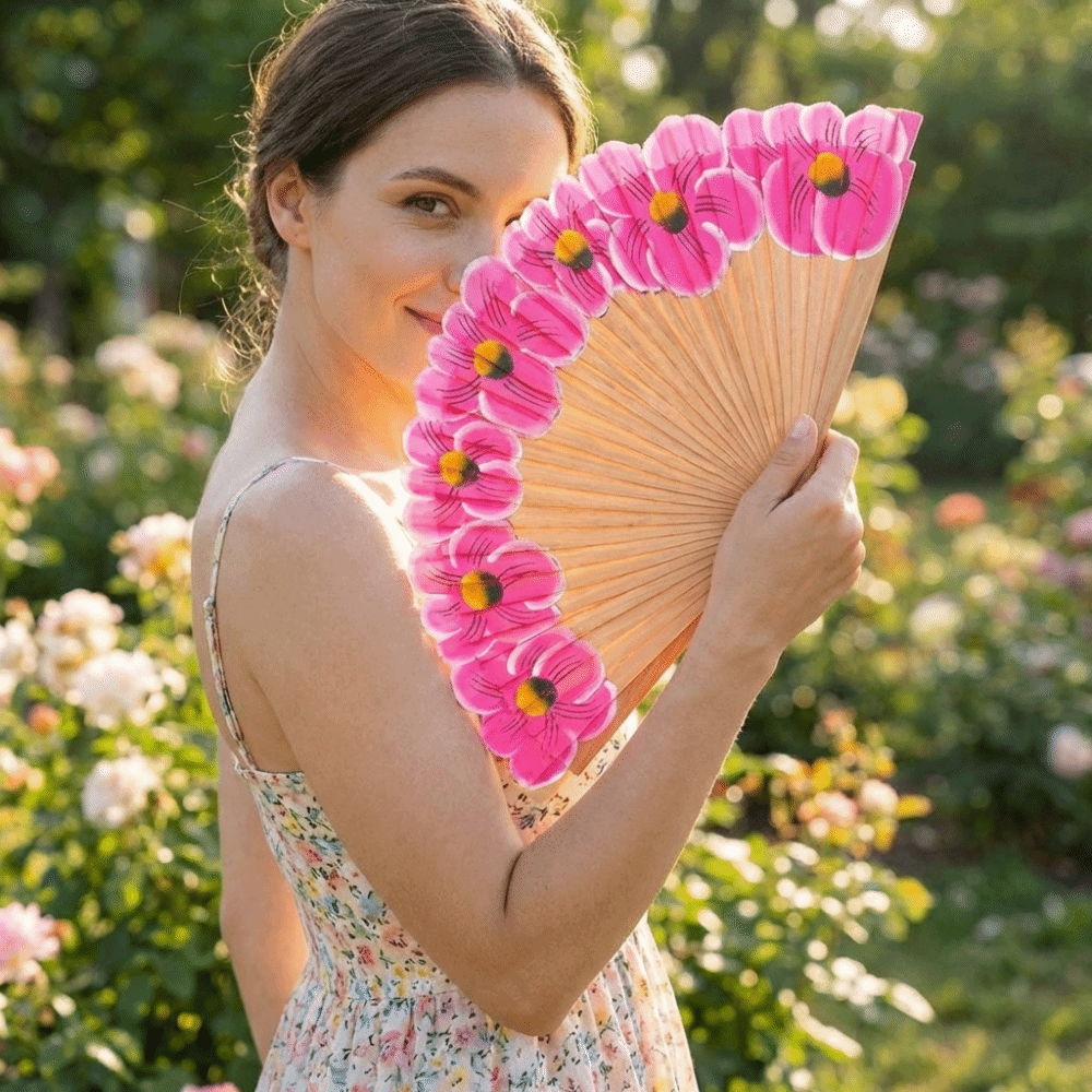Creative Wooden Folding Fan Handmade Chinese Style Handheld Fan Classic Hand-Painted Pattern Ancient Flower Fan Photography Prop