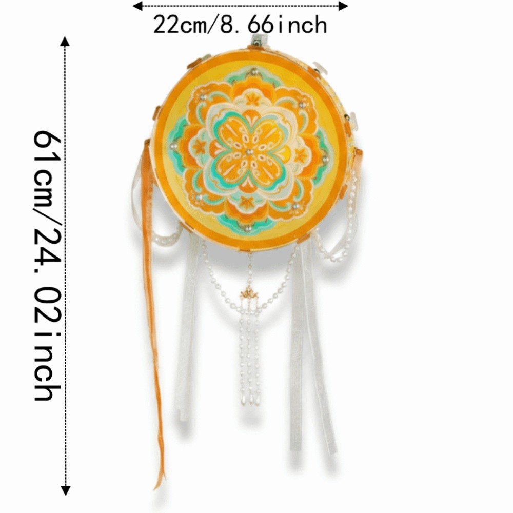 Chinese Portable Light LED Warm Glow Dunhuang Lanterns Retro Pattern Bead-strand Flower Drumlamp Battery Operated Drum Shaped Ancient Style Light Room Decoration