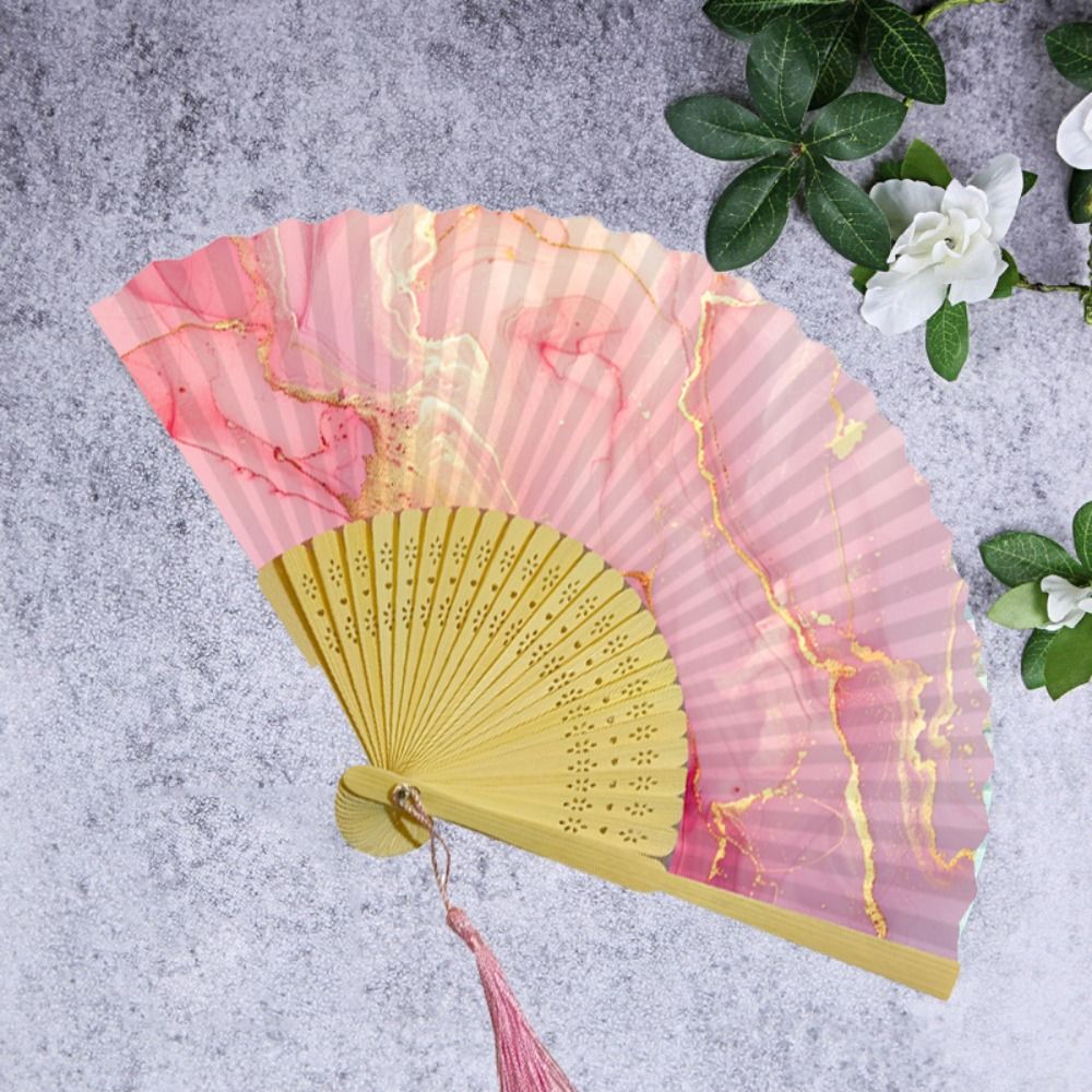 Artistic Piece Colorful Tassel Bamboo Folding Fan Elegant Gilding Chinese Fan Handmade Craft Traditional Xuan Paper Fan Female