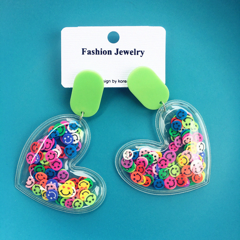 【Hongtai Store】Transparent PVC Cartoon Smiley Bead Heart Star Earrings For Wo Girl Exaggerated Earrings Funny Party Jewelry Gift