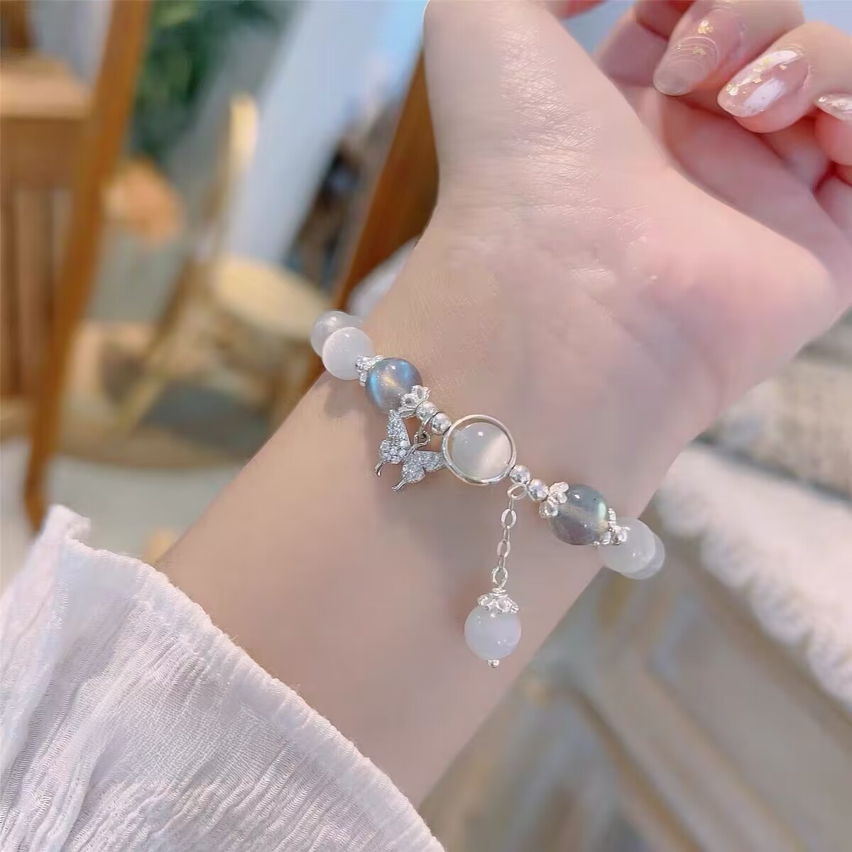 1 Piece Adjustable Size Korean Butterfly Opal Stone Crystal Bracelet for Women and Girls Shining Round Bead Elastic Handmade Bracelets Jewelry for Best Friends Girlfriend