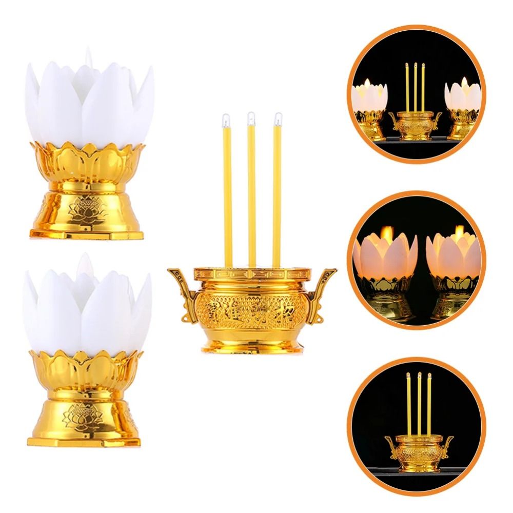 3Pcs Easy To Use Creative Electronic Incense Burner Set Battery Operated Lotus Shaped Swing Flameless Candles Decorative Portable LED Electric Candle Light Outdoor Night Lamp