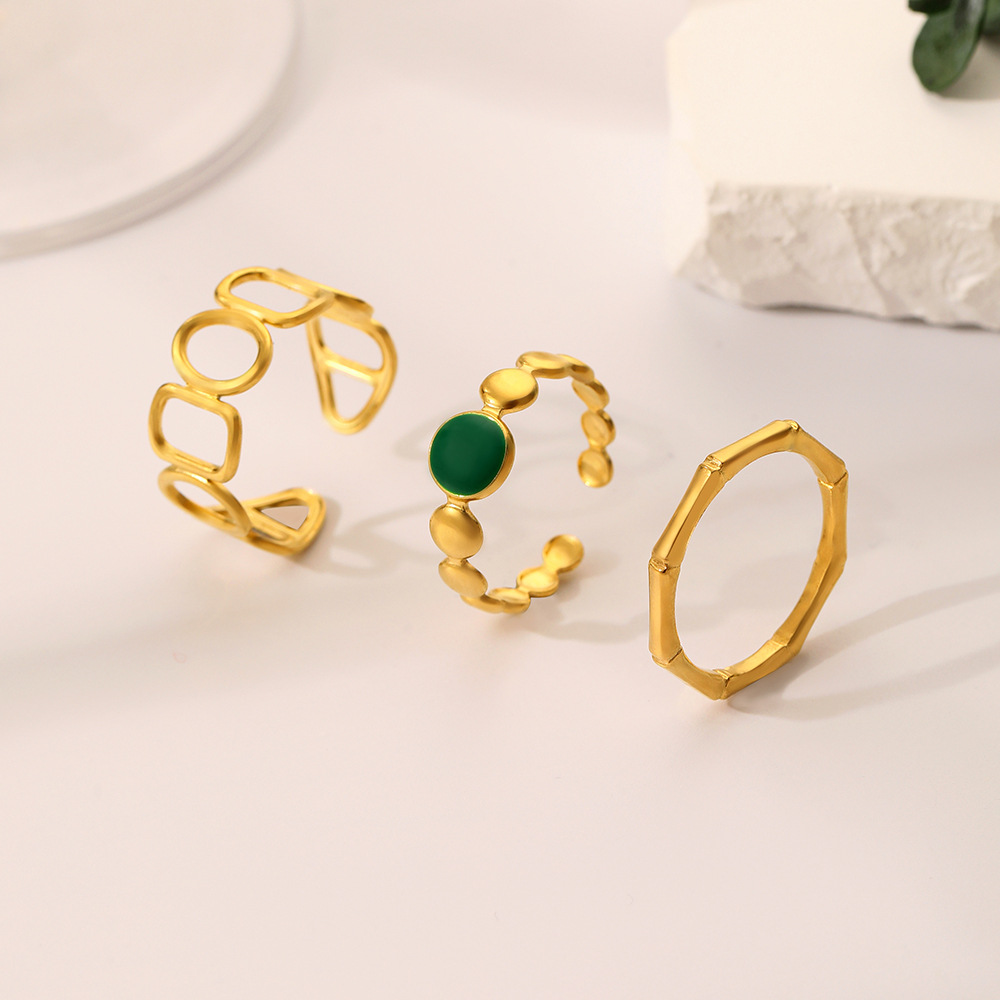 【Special offer】Fashion New Stainless Steel Golden Open O-Shape Round Oil Dropping Green Three-Piece Ring for suit Women