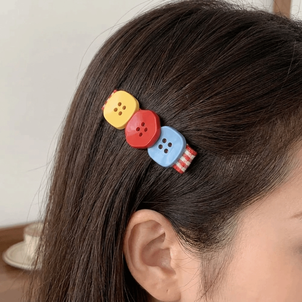 2 pcs/set New Resin Button Hair Clips Small and Cute Color Block Bangs Clip Red Blue Plaid Colorful Side Clip Party