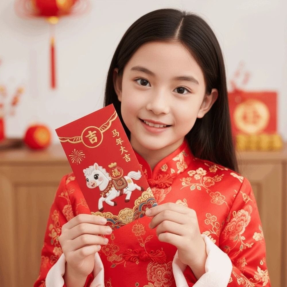 6pcs Storage Bag Traditional Spring Festival Red Envelope Year of The Horse Flat Design God of Wealth Red Pocket Paper Hongbao Bonus Money Packet Wedding