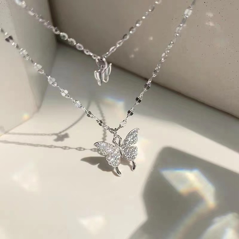 【New Arrivals】Niche Design Sense Double Layer Butterfly Necklace Women's Clavicle Chain Ins Cool Style Simple Jewelry Trend