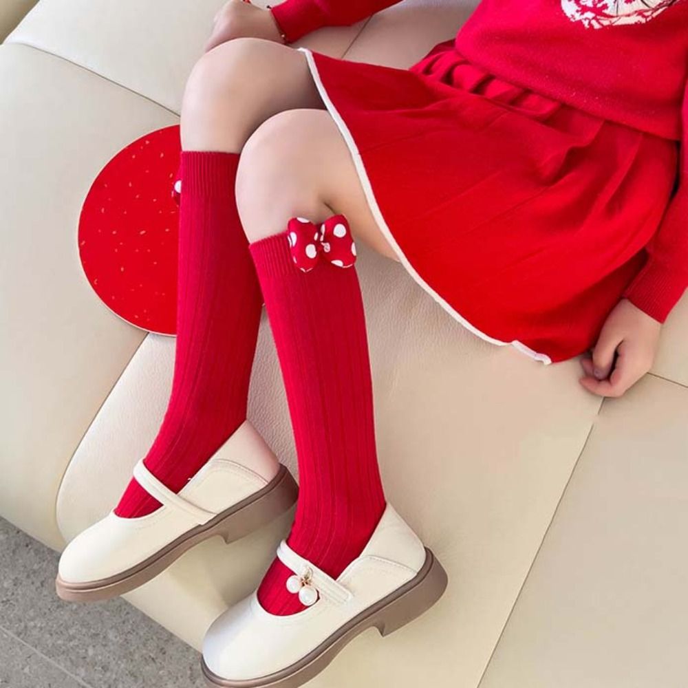 Cute Middle Tube New Year Red Socks Cotton Thicken Bow Hosiery for Kids Sweet Princess Sleeping Socks For Girls