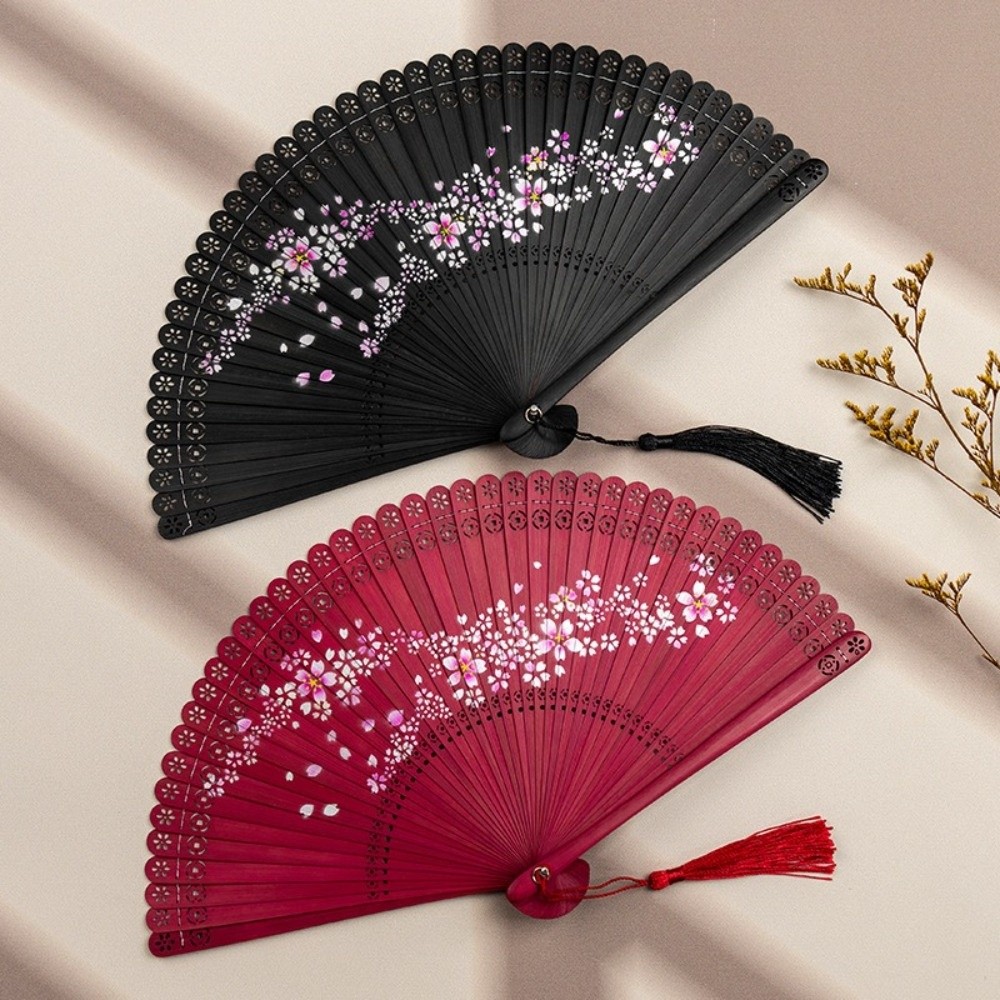Costume Accessory Vintage Carved Hollowed-Out Fan with Tassel Classical Bamboo Folding Fan Natural Chinese Style Handheld Fan Photography Prop