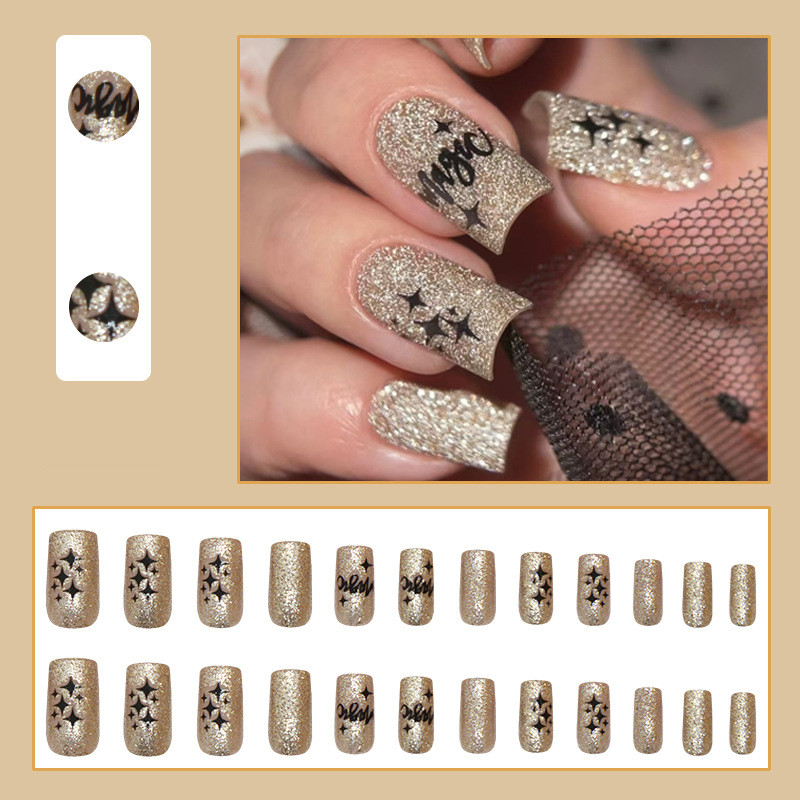 24Pcs Square Gold Flash Shining Stars Fake Nails with Glue DIY Art Design False Nails Wearable Nails Stylish Pattern Artificial Nails