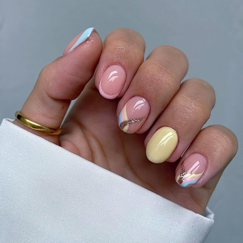 24Pcs Simple Yellow Blue Fake Nails with Glue DIY Art Design False Nails Wearable Nails Stylish Pattern Artificial Nails