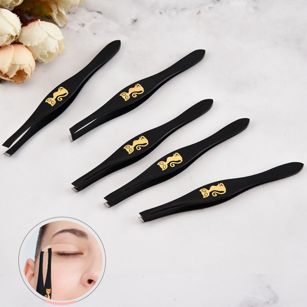Portable Slant Tweezers Shape Hair Pluckers Cartoon Cat Pattern Black Eyebrow Trimming Stainless Shaving Eyelash Tweezers Women