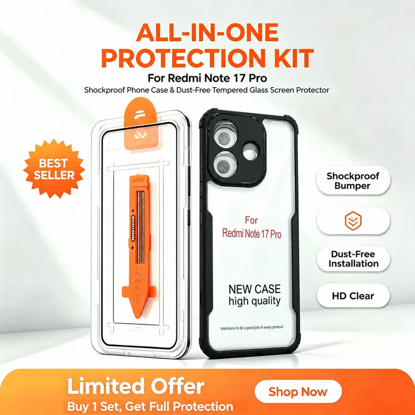 For Redmi Note 17 Pro 2in1 Anti Drop Shockproof Case Upgrade Easy Install Set Auto Dust Removal Tempered Glass Screen Protector