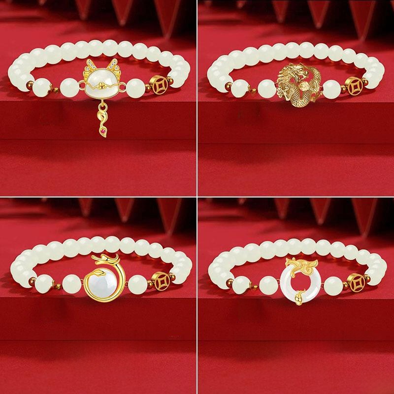 【Special offer】Birthday Year of the Dragon Bracelet Female Niche Vintage Personalized Zodiac Dragon Imitation White Red Onyx Bracelet New Year Birthday Gift