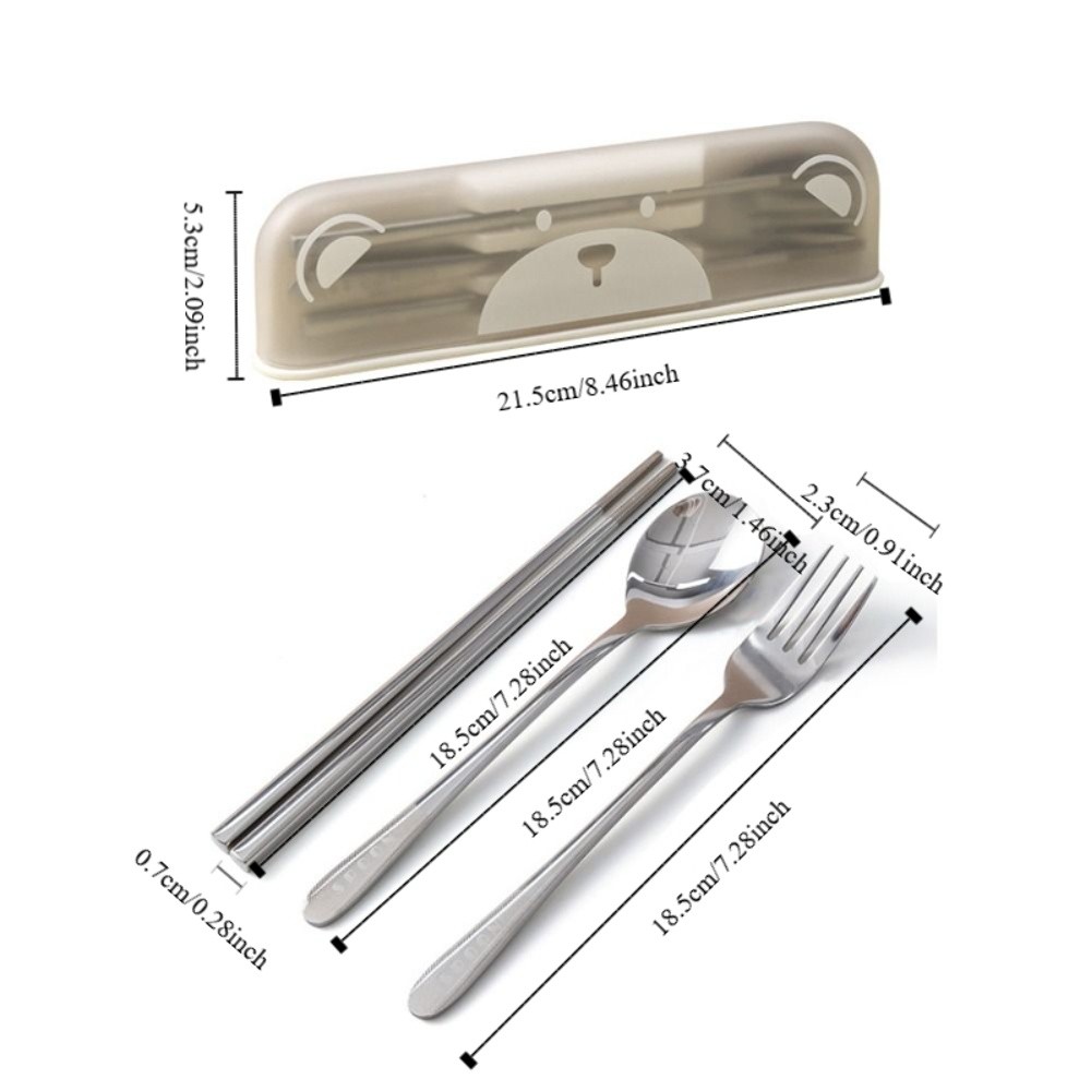 3 Pcs/Set Practical 304 Stainless Steel Travel Cutlery Set Anti-slip Rust-proof Chopsticks Spoon Fork Reusable with Storage Box Student Tableware Set School