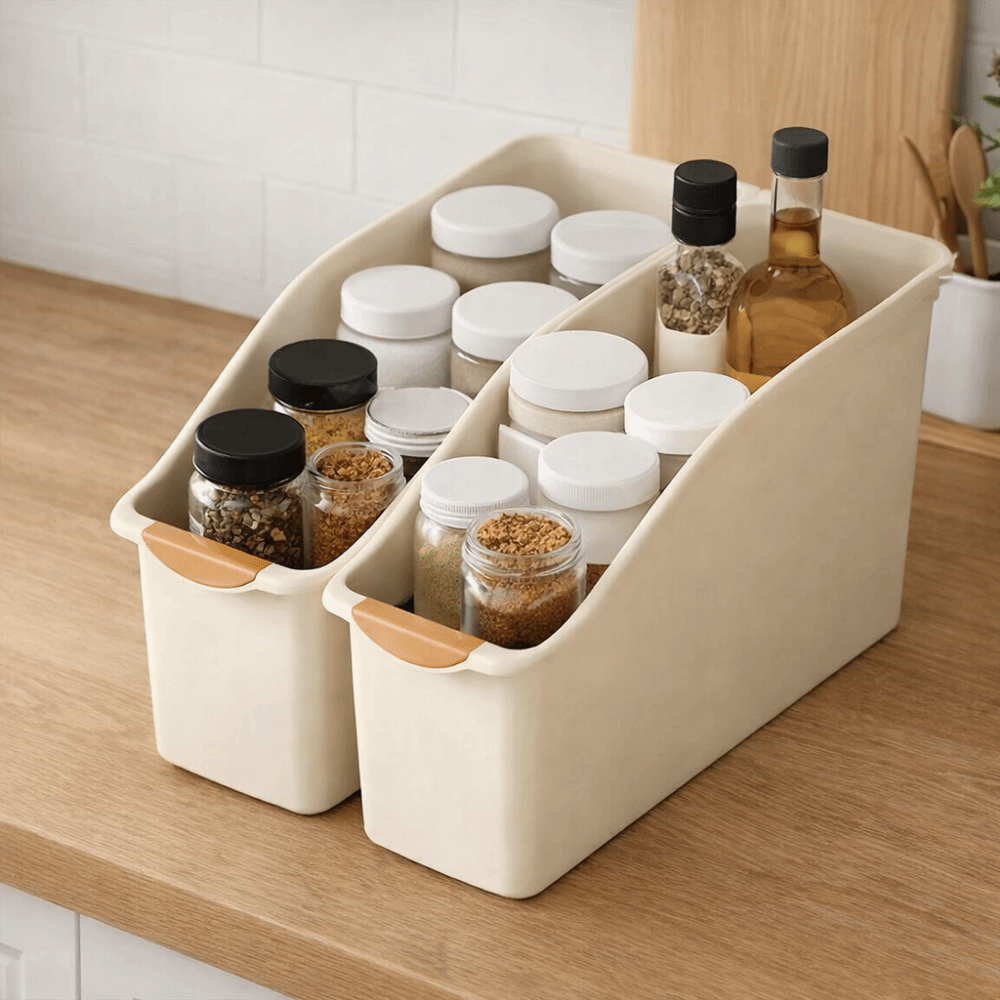 2pcs Durable Large Capacity Curved Storage Box Space Saving Plastic Under Sink Organizer Anti-slip with Handle Cabinet Organizer Bathroom