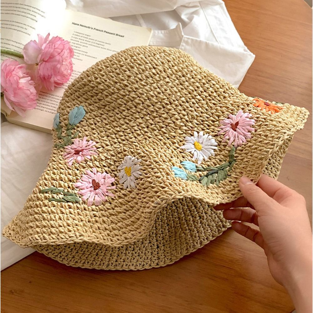 Casual Colorful Flower Straw Hat Embroidered Flower Wide Brim Weave Hat Visor Breathable Beach Hat Girls