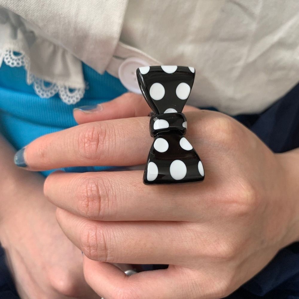 Sweet French Polka Dot Bow Ring Y2K Cute Bowknot Ring Adjustable Stripe Opening Ring Gift