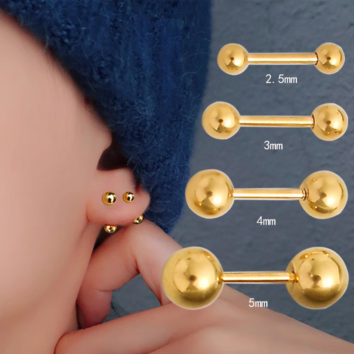 【New arrival】Titanium Steel Double Head Ball Ear Bone Nail Raising Ear Hole Thread Thin Needle Ear Nail Female Small Student Simple Male Earrings Earrings