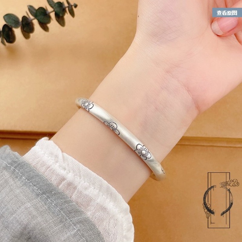 【New arrivals】White Copper Fu Pumpkin Head Bracelet Women's Solid Opening Adjustable Young Matte Gift Handmade Vintage Plum Blossom Silver Bracelet