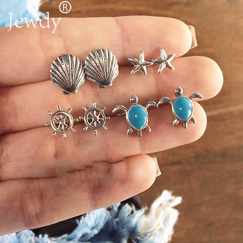 【Hongtai Store】5 Pairs/Set Starfish Shell Crystal Stud Earrings for Wo Party Bohemian Beach D'oreille Jewelry Brincos