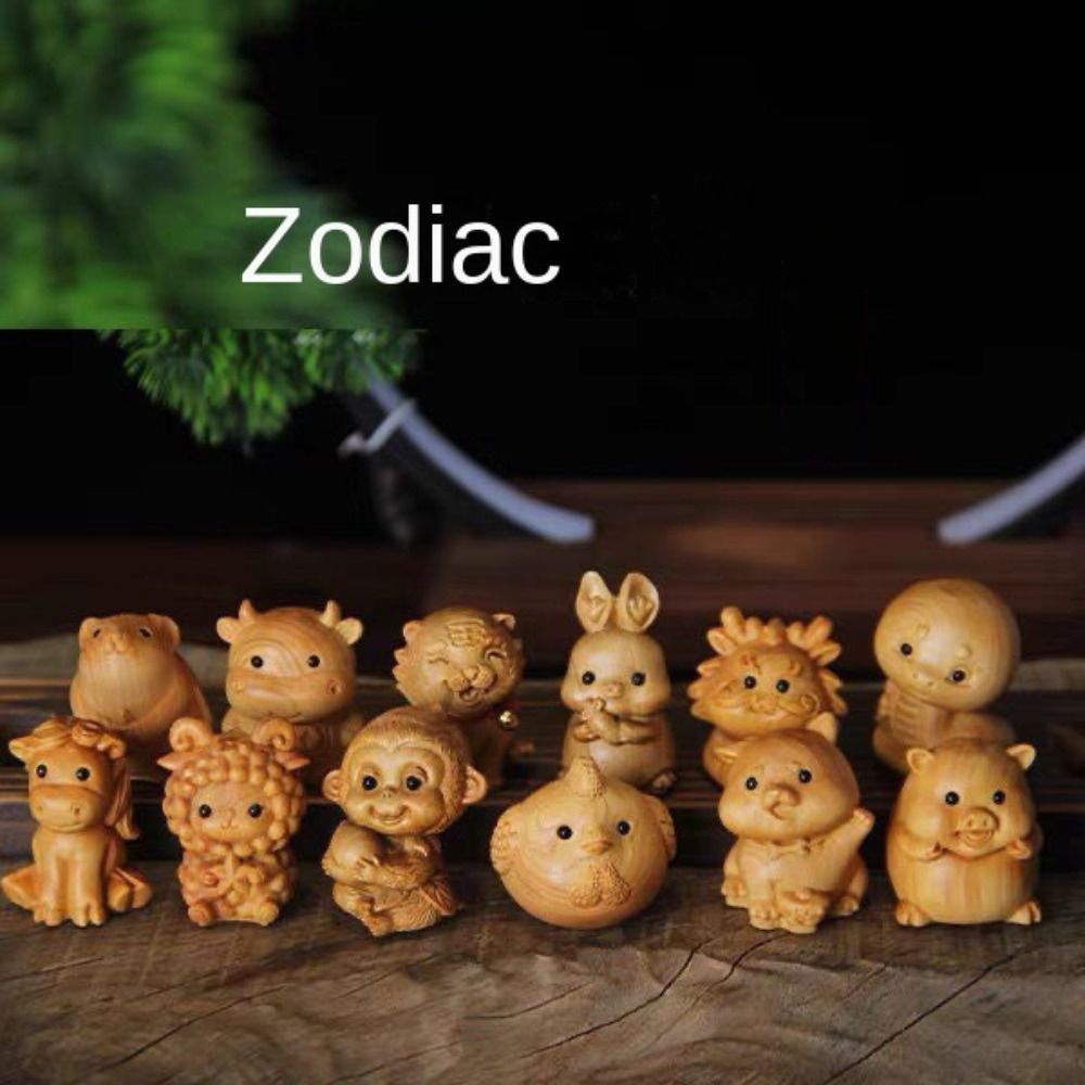 Rabbit Twelve Zodiac Wood Carving Twelve Zodiac Wooden Zodiac Cute Wood Carving Miniature Ornaments Statue Handicraft Wood Little Animal Model New Year Gift