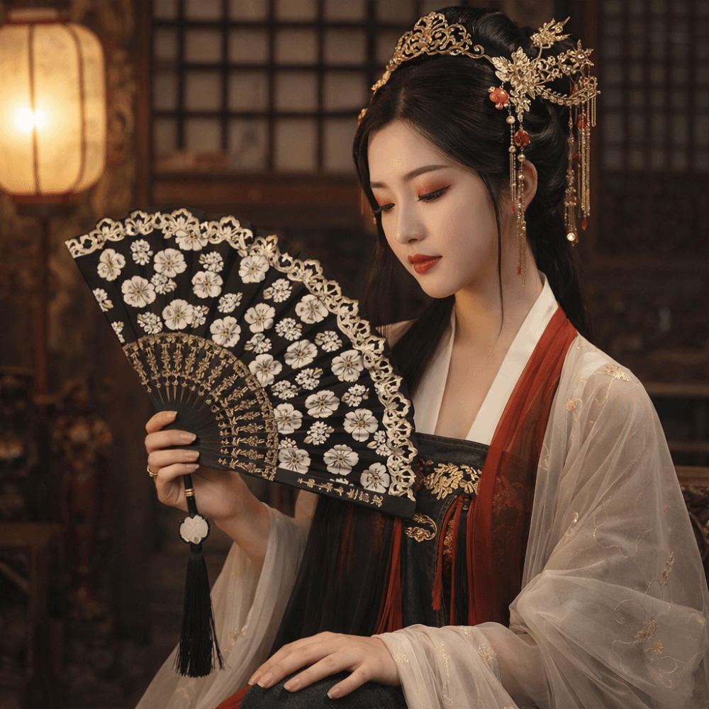 Elegant Flower Pattern Chinese Folding Fan Vintage Traditional Handheld Fan Portable with Tassel Dance Fan Cultural Event