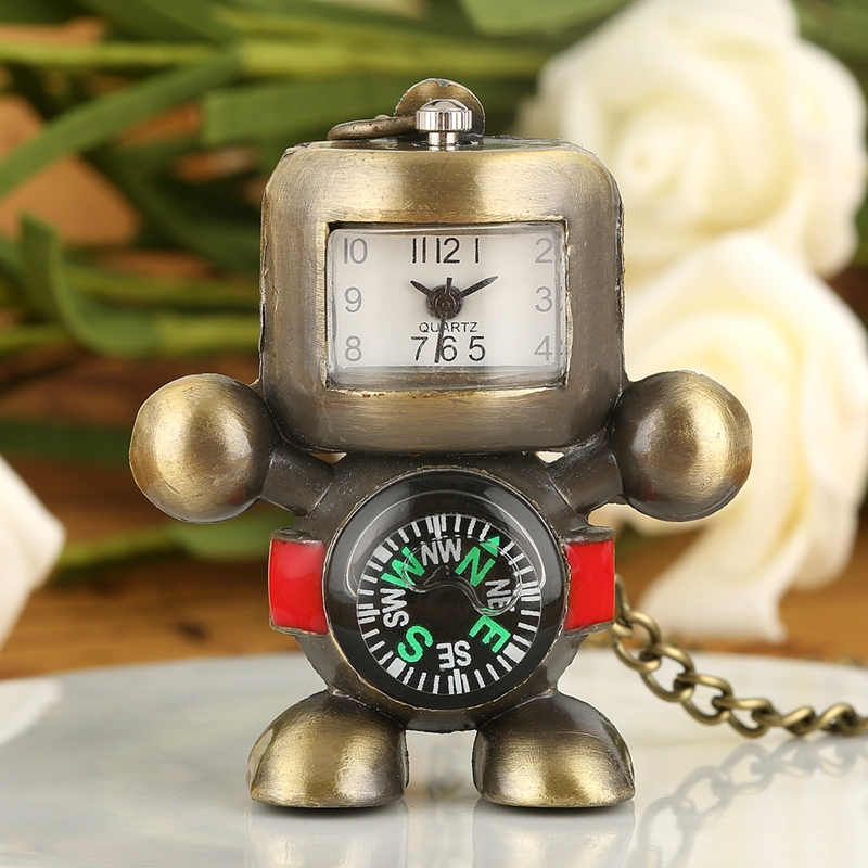 【New design】Delicate Robot Shape Pocket Watch Bronze Alloy Practical Compass Display Pendant Watch Necklace Hour Toys Gift for Men Women Kid