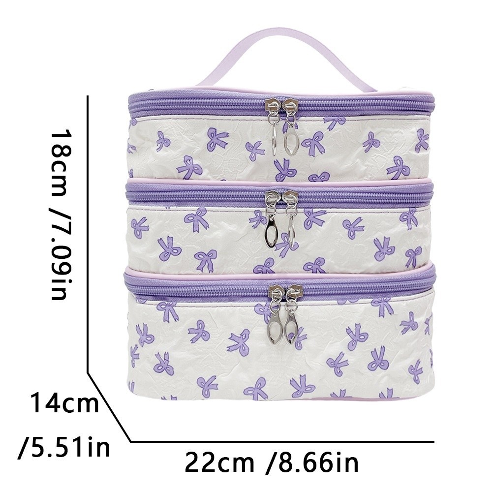 Portable Cute Three Layer Wash Bag Large Capacity Soft Wear-resistant Women Toiletries Bag Bow Print Three-Layer Cosmetic Organizer Bag Skincare Storage