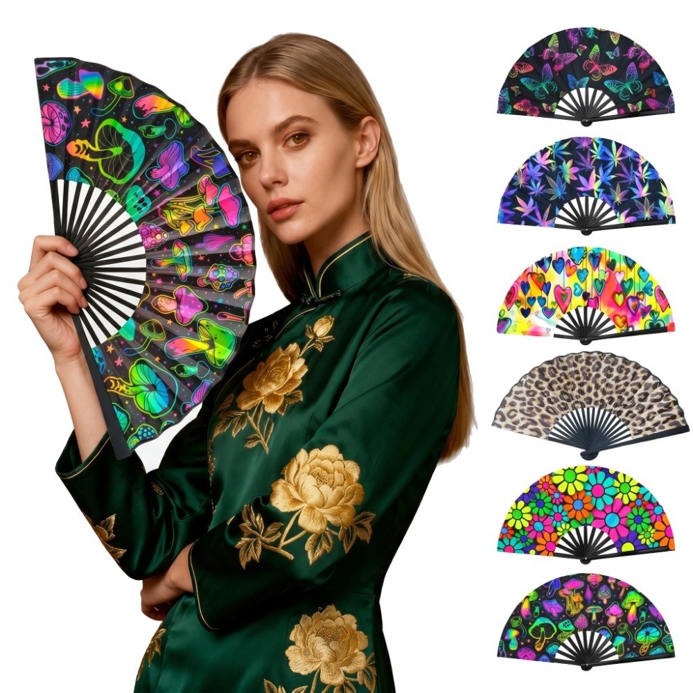 European Style 23 Cm Kung Fu Fan Gradient Colorful Reflective Dance Fan Personality Large Hand Rave Fan Party