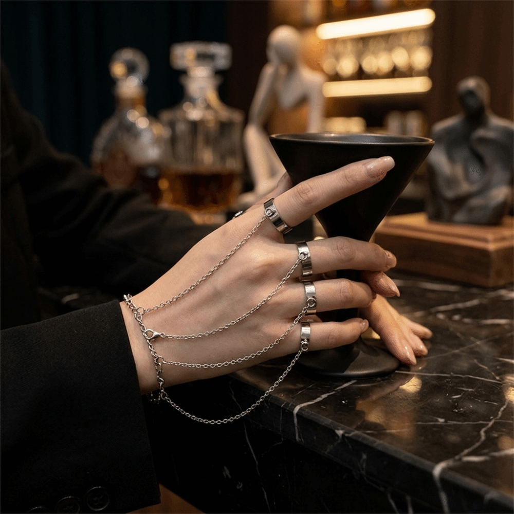 Cool Design Adjustable Punk Bracelet Ring Detachable Gothic Open Chains Rings Hip Hop Hands Decoration Finger Chain Unisex