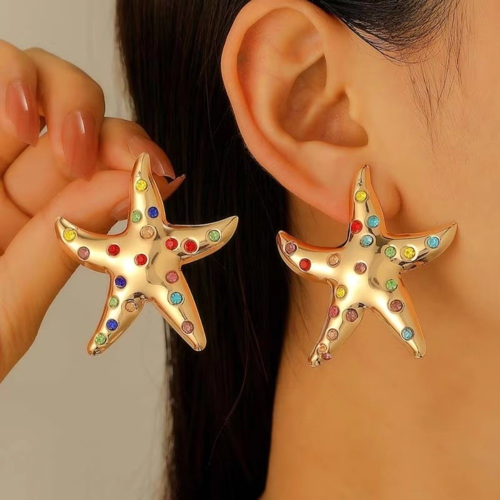 Trendy Luxury Starfish Stud Earrings Y2K Style Simulated Starfish Crystal Stud Earrings Colorful Colored Rhinestones Drop Earrings for Women