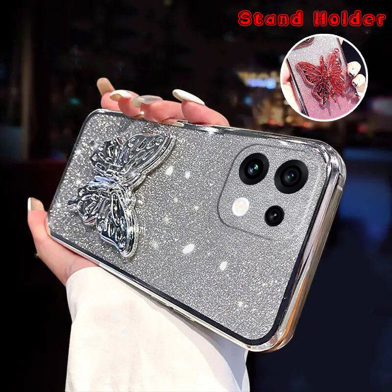 New Phone case OPPO Reno 16 Back cover with Cute Butterfly Stand Luxury Slim Gradient Clear Plating Glitter Girls For OPPO Reno 16 Pro case