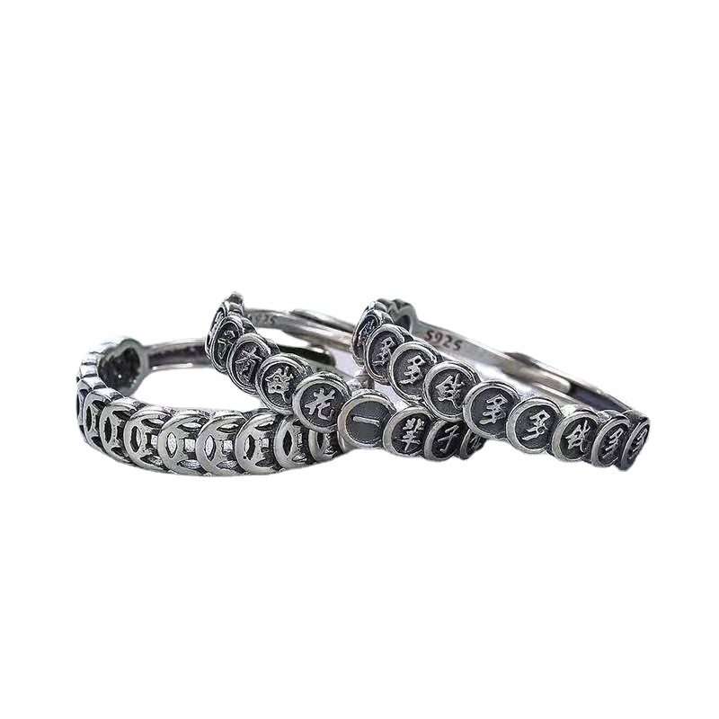 【Special offer】Vintage Thai Silver Money Duoduo Lucgy Cat Ring Copper Open Finger Ring Female Chinese Character Style Vintage Jewelry