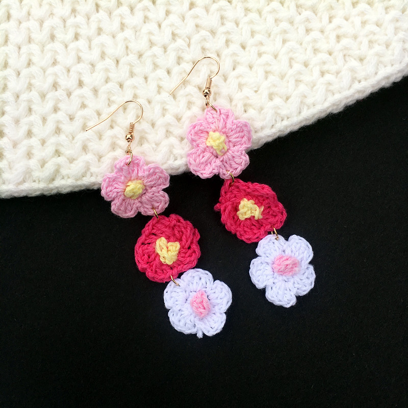 【Hongtai Store】Handmade Multi Color Cutie Knitting Flower Drop Dangle Pink Purple White Funny Jewelry Gifts Wholesale