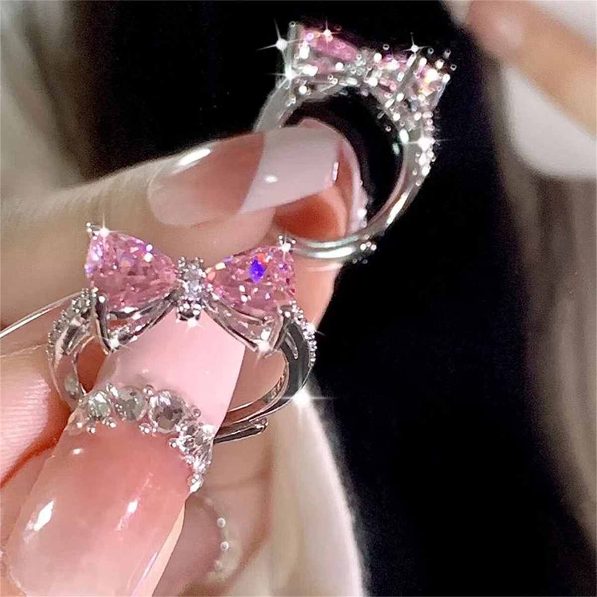 【New Fairy Flash Pink Bow Open Women's Pink Diamond Zircon French Delicate Sweet Best Friend Ring