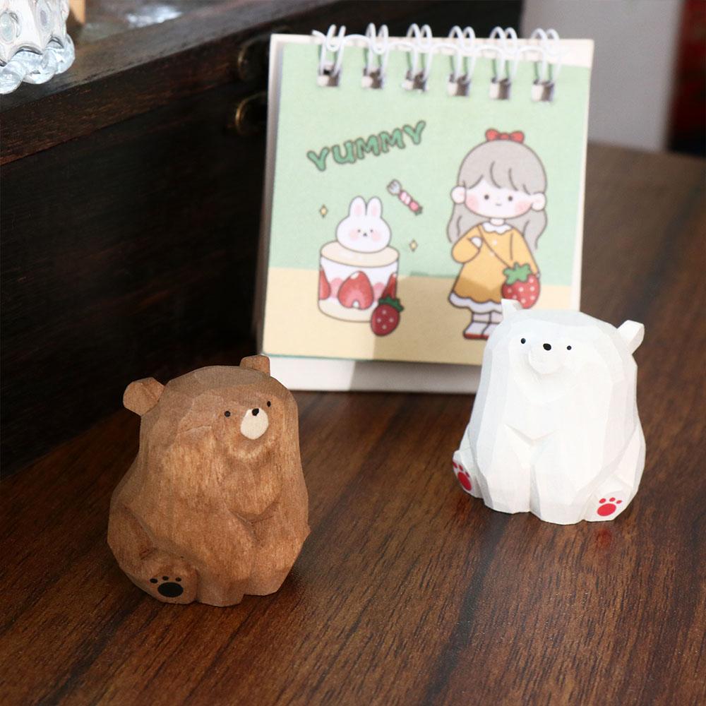 Kids Gifts Solid Wood Wooden Bear Figurines Hand Carved Cute Polar Bear Ornament Funny Miniature Mini Bear Statue Garden
