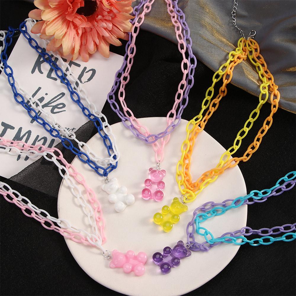 Double Layer Harajuku Cartoon Girls Animal Geometric Bear Necklace Cute Choker Multilayer Necklace Chain Pendant