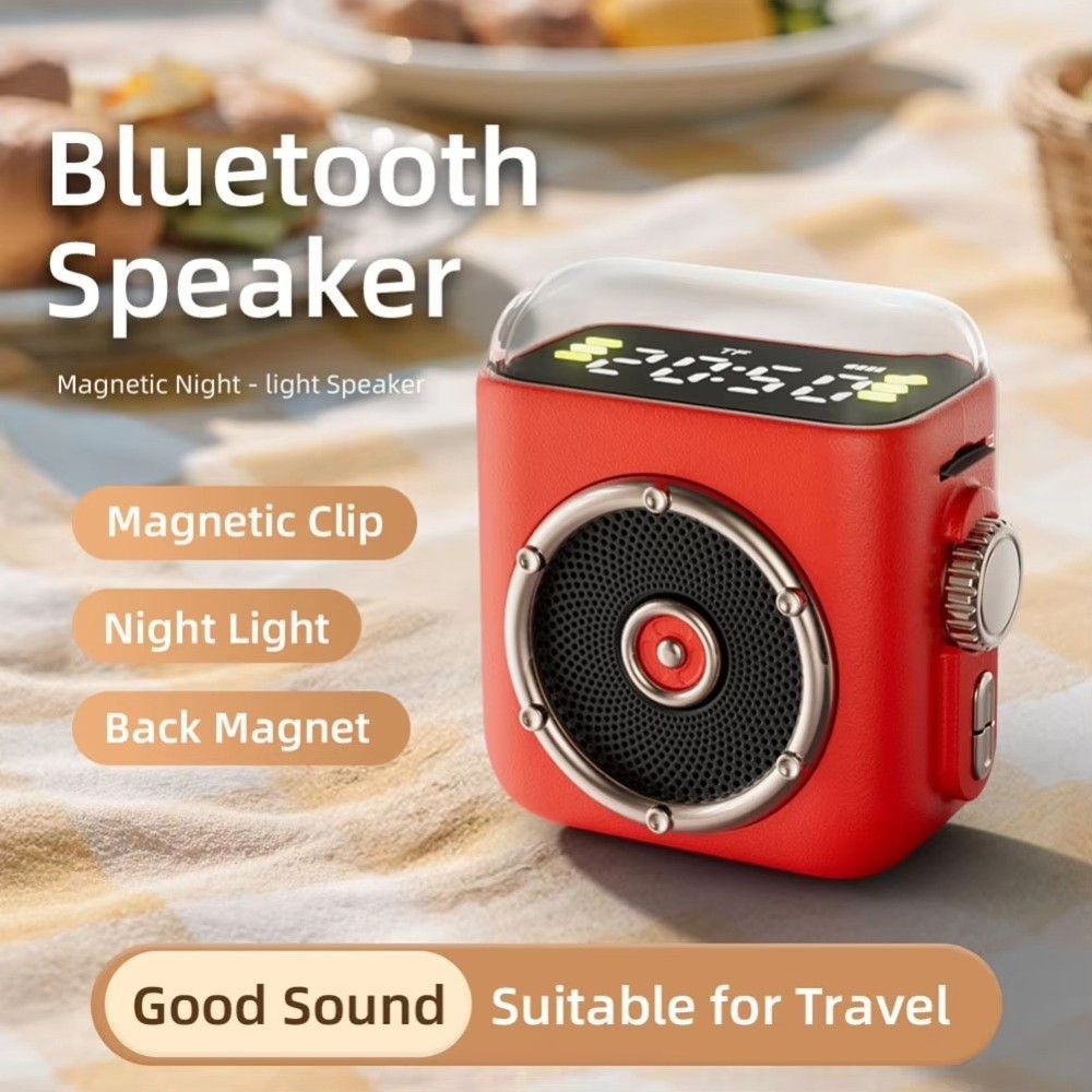 Small Speakers Magnetic Back Clip Mini Bluetooth Speaker Time Display Night Light Wireless Speaker Built in Microphone Led Lighting Portable Speaker Outdoor Player