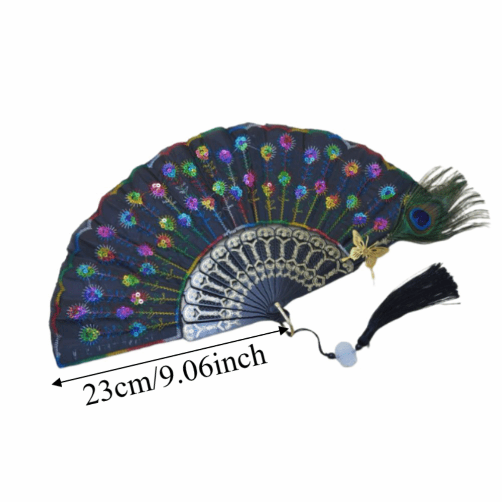 Photography Props Chinese Style Peacock Feather Folding Fan Exquisite Portable Dance Hand Fans Retro Classical Elegant Handheld Fans Home Decoration