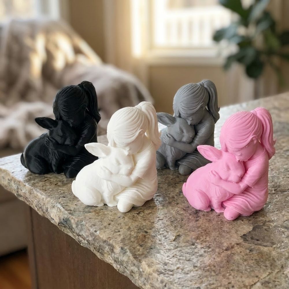 Elegant 3D Printed Girl and Rabbit Sculpture Cute Unique Girl Hugs Rabbit Statue Plastic Modern Bunny Ornaments Crafts Gift