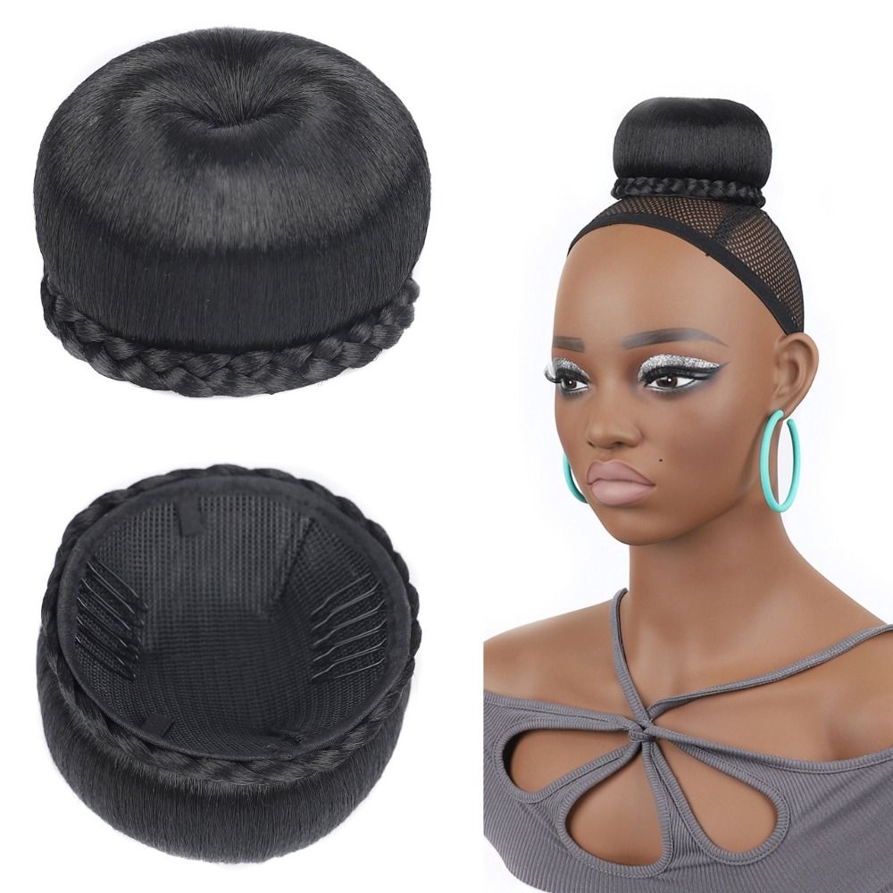 High Quality Heat Resistant Synthetic Fake Hair Bun Easy To Use Real Braided Chignon Soft Touch Natural Glossy Clip in Hair Extension Black Hair Extension