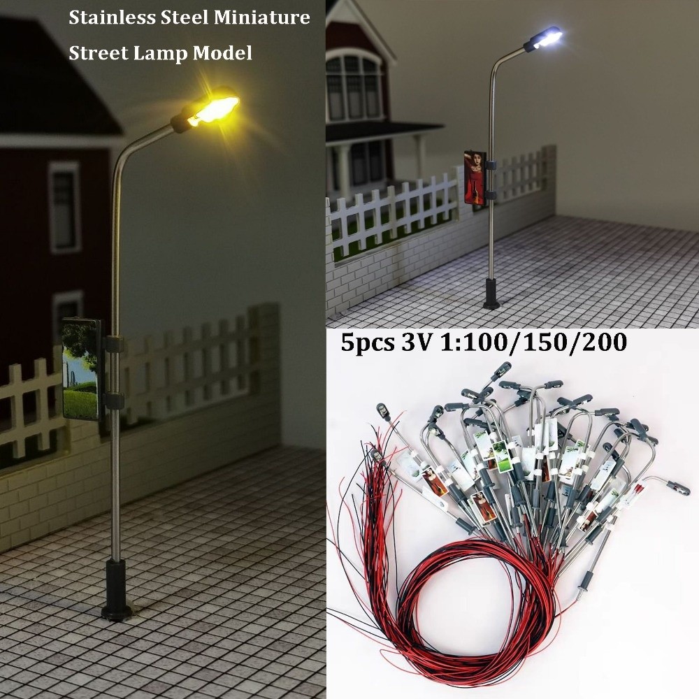 5pcs New 1:100/150/200 Miniature Street Lamp Model Stainless Steel 3V DIY Miniature Scene Decoration Sand Table Scene Lamp