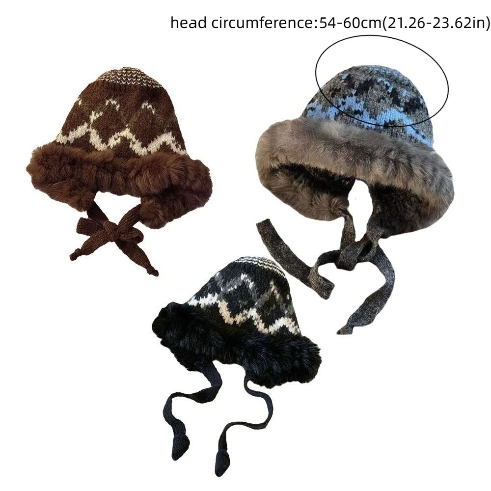 Fashion Ethnic Style Knitted Plush Hat Windproof Warm Pullover Beanie Hat Thicken Retro Warm Hat Autumn Winter