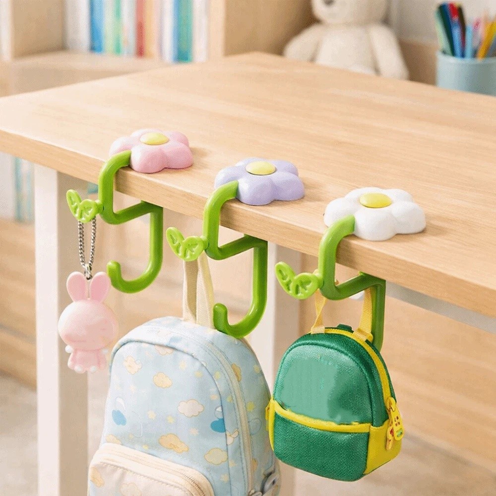 Cute Plastic Flower Bag Hook No Drill Removable Flower Shaped Desk Hook Adjustable Desk Hanger Backpacks