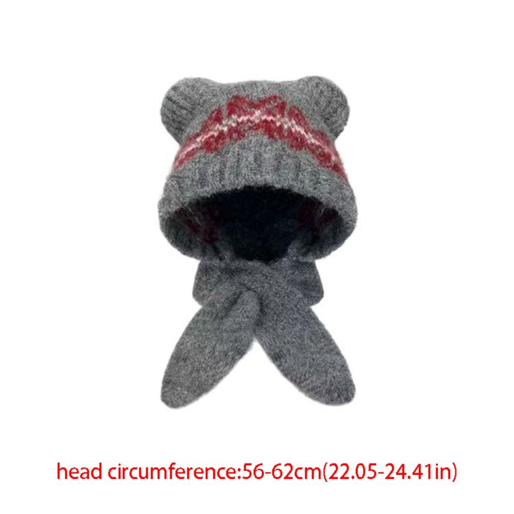 Sweet Fair Isle Style Jacquard Knitted Hat Fleece-lined Warm Cat Ears Beanies Vintage Printing Knit Cap Autumn