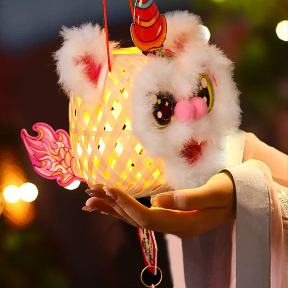 Chinese Style Cartoon Lion Dance Lantern Bamboo Ancient Style Handheld Lantern Glowing with Bells DIY Lantern Kit New Year Celebration