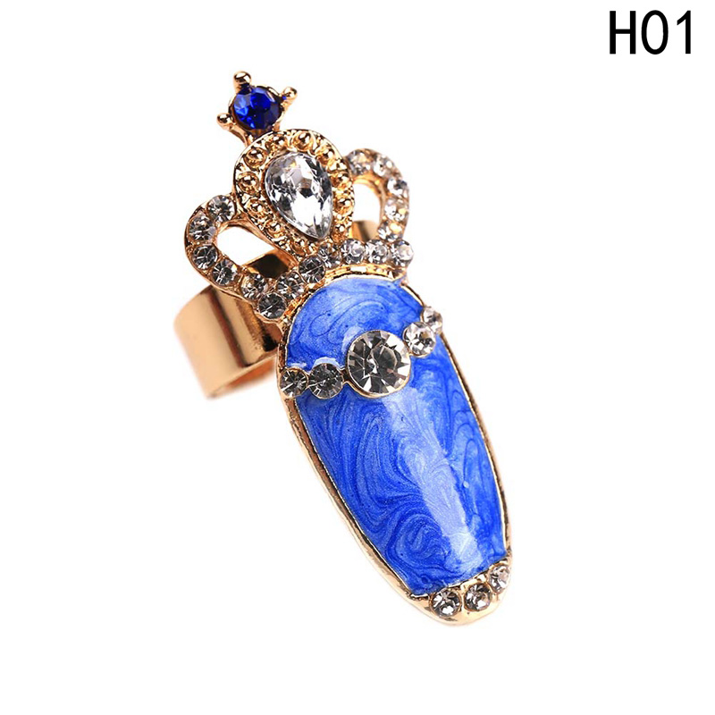 【Qian poem li Store】Fashion Rhinestone Cute Bowknot Crown Crystal Nail Finger Rings Female Personality Fake Nail Art Rings Beauty Jewelry