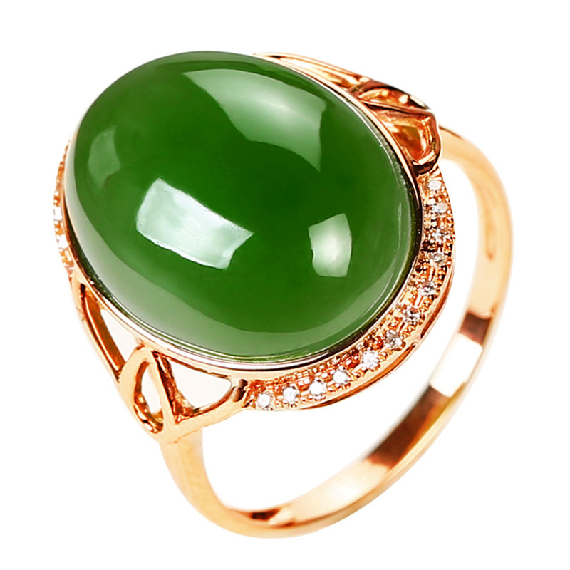 are Now don't beslow】Oval Egg Face Imitation Jade Ring for Women Imitation Natural Spinach Green Plating 18K Rose Gold Jasper Open Ring