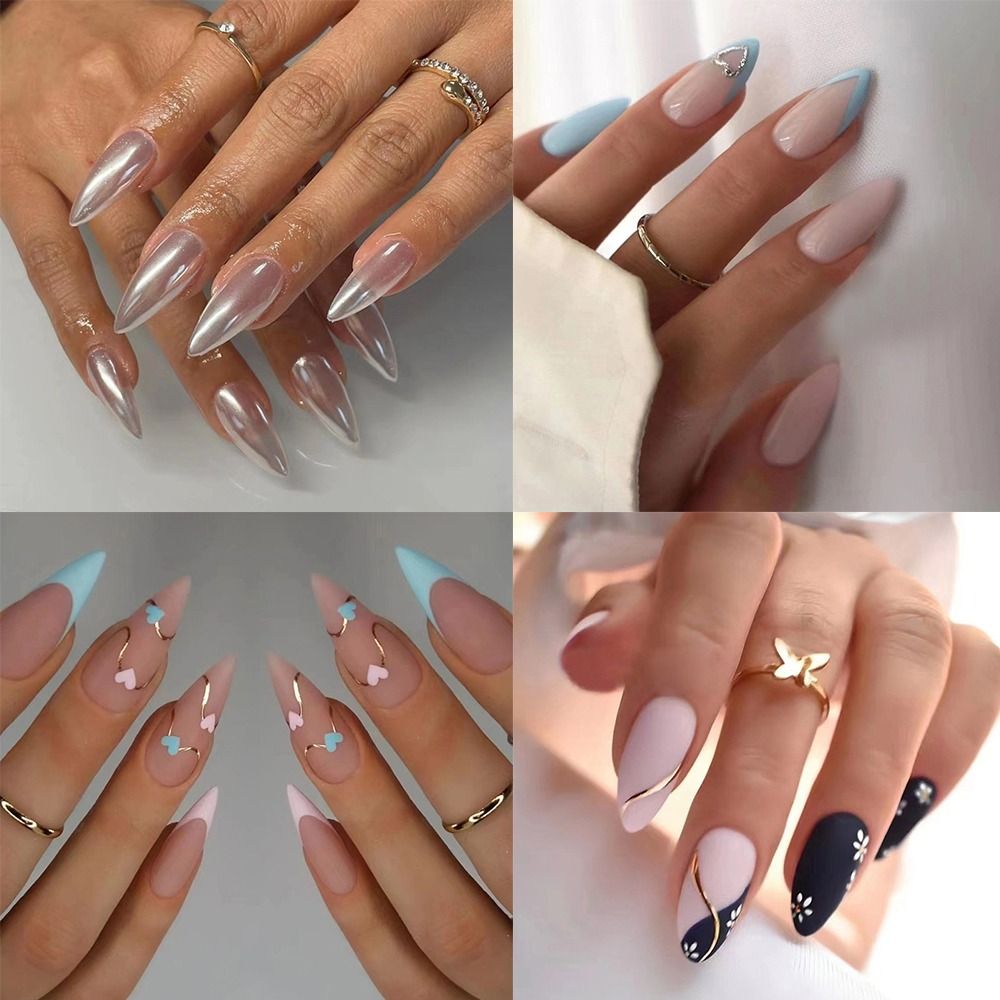 24pcs Detachable DIY Press on Nails Love Heart Flower Frosting Simple French Silver False Nails Long Almond