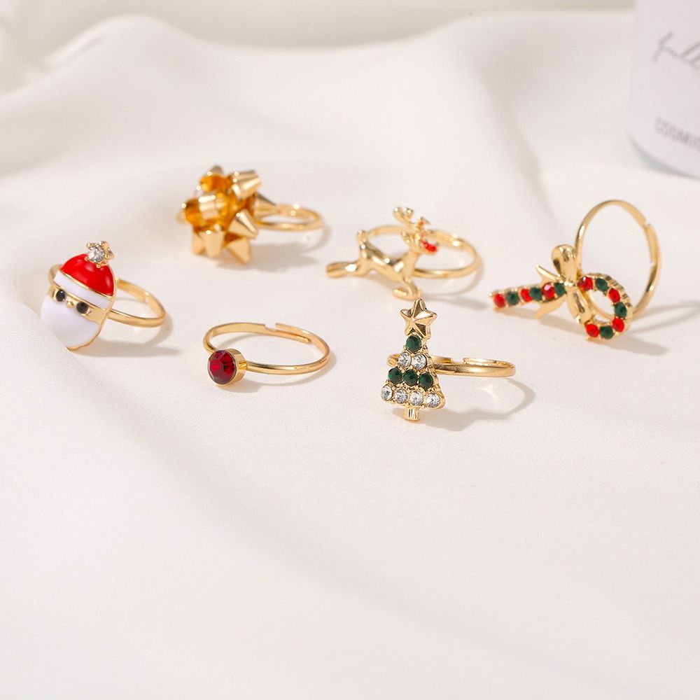 Cute Happy New Year Charming Ornaments Santa 6pcs/set Elk Cartoon Women Ring Christmas Jewelry